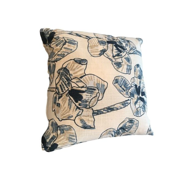 Set of 2 Accent Throw Pillows Blue Cream Floral 18" Square - Picture 2 of 7